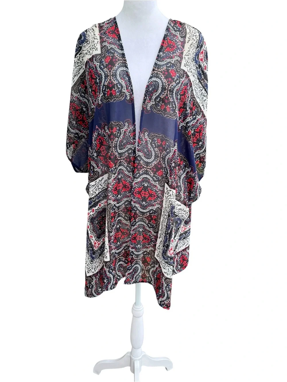Maurice’s Boho Paisley Open Front Kimono Navy Red & Cream Layering Romantic L/XL